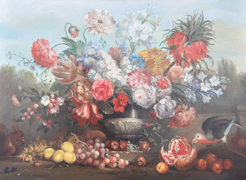 Цветы и попугай